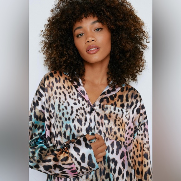 Satin Ombre Leopard Print Oversized Pajama Short Set - Multiple - Picture 4 of 6